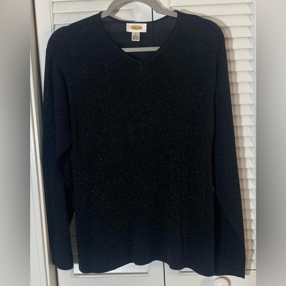Talbots Long Sleeve Top/Sweater Size Small Black V-neck Silk Blend Metallic